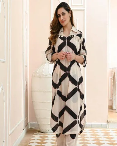 White and Black Geometry Print Kurti Pant Set