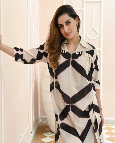 White and Black Geometry Print Kurti Pant Set