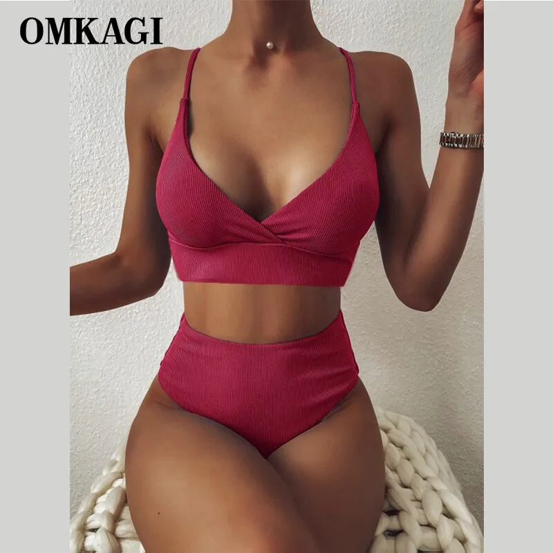 Woman New Ribbed High Waist Push Up Bikinis Swimsuit  Set