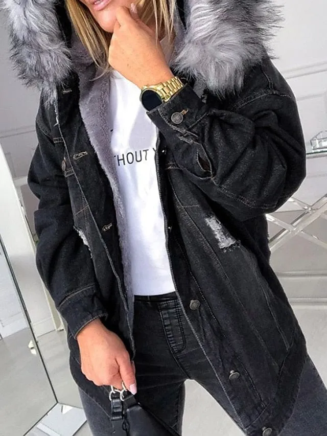 Women's Denim Jacket with Detachable Hood and Faux Fur Trim