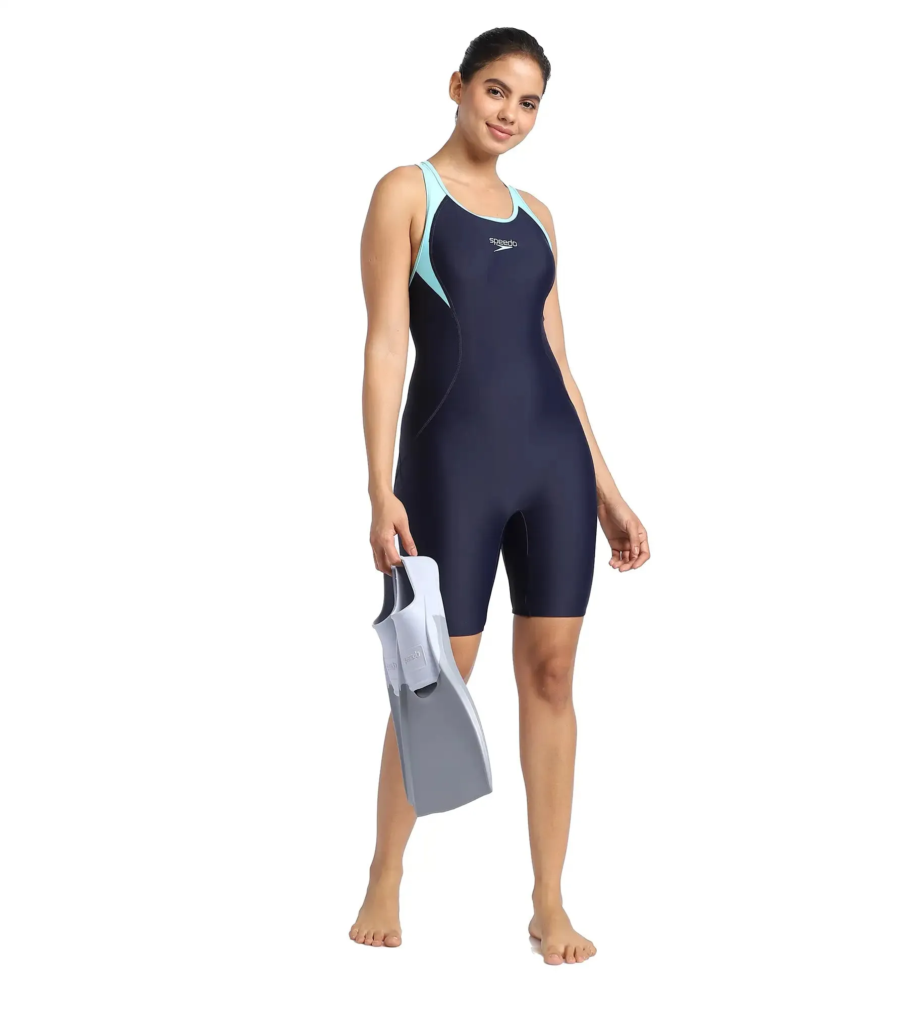 Women's Endurance Essential Panel Racerback Legsuit Swimwear  - Truenavy  &  Marine Blue