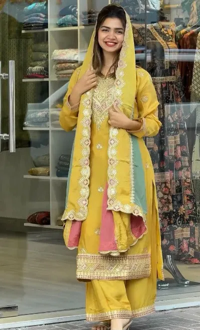 Yellow Designer Embroidered Georgette Palazzo Suit Set With Multicolour Dupatta