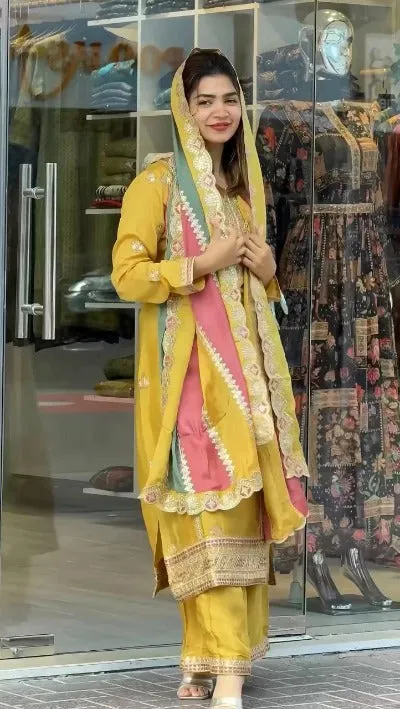 Yellow Designer Embroidered Georgette Palazzo Suit Set With Multicolour Dupatta