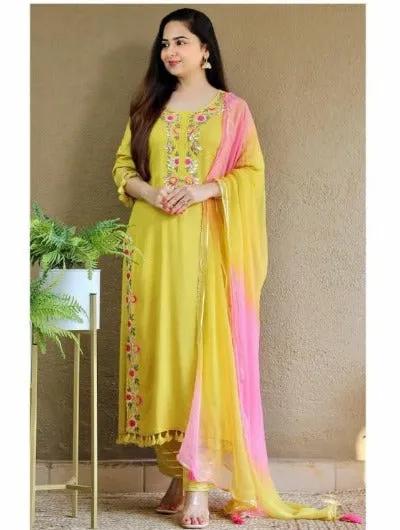 Yellow Embroidered Cotton Salwar Suit