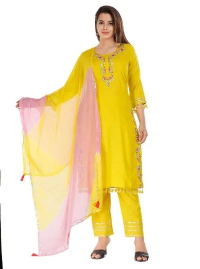 Yellow Embroidered Cotton Salwar Suit