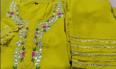 Yellow Embroidered Cotton Salwar Suit