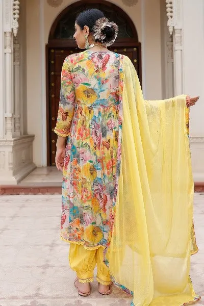 Yellow Rayon Floral Alia Cut Afghani Style Salwar Suit Set