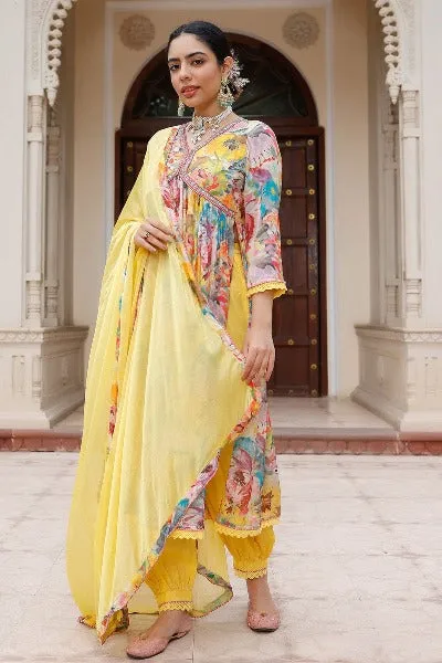 Yellow Rayon Floral Alia Cut Afghani Style Salwar Suit Set